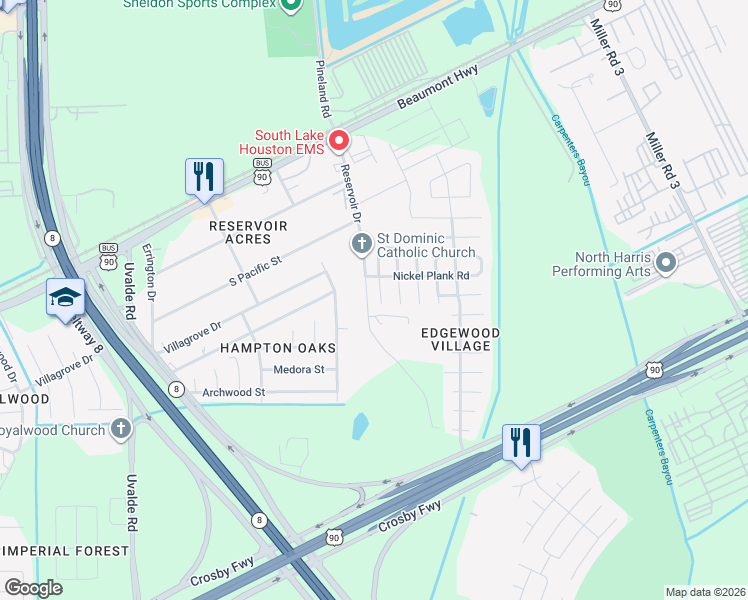 map of restaurants, bars, coffee shops, grocery stores, and more near 8122 Redbud Point Lane in Houston