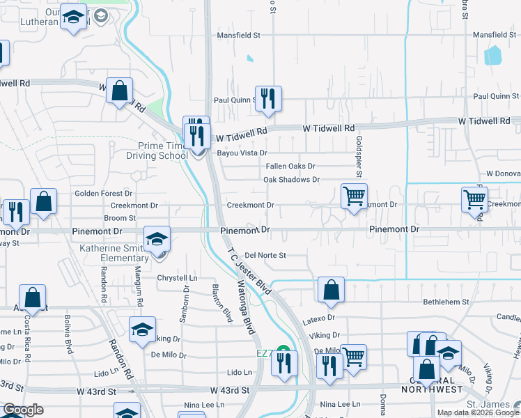 map of restaurants, bars, coffee shops, grocery stores, and more near 4523 Creekmont Drive in Houston