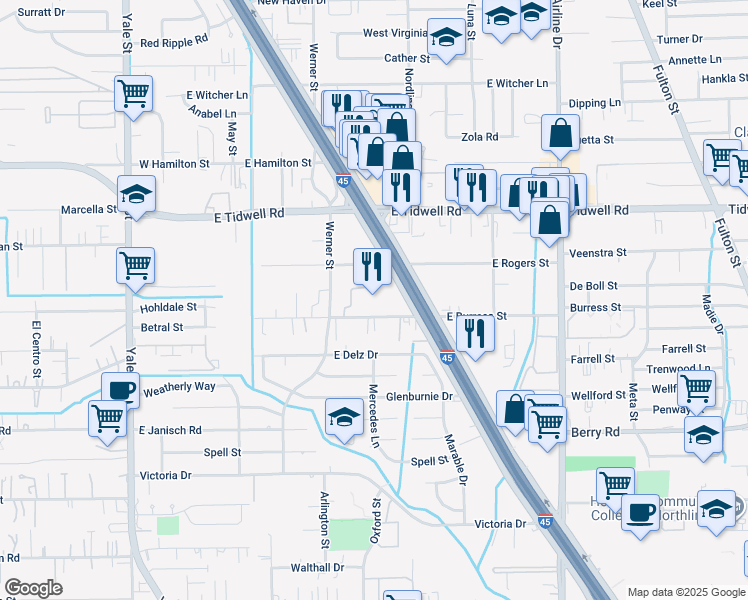 map of restaurants, bars, coffee shops, grocery stores, and more near 502 East Rogers Street in Houston