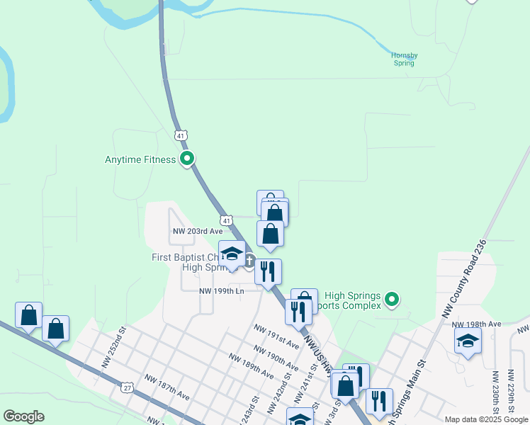 map of restaurants, bars, coffee shops, grocery stores, and more near 24382 Northwest 204th Avenue in High Springs