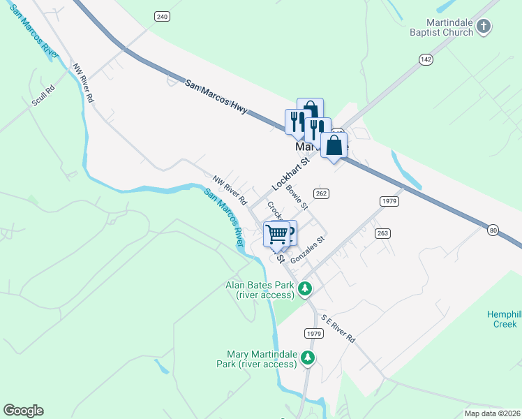 map of restaurants, bars, coffee shops, grocery stores, and more near 104 Lockhart Street in Martindale