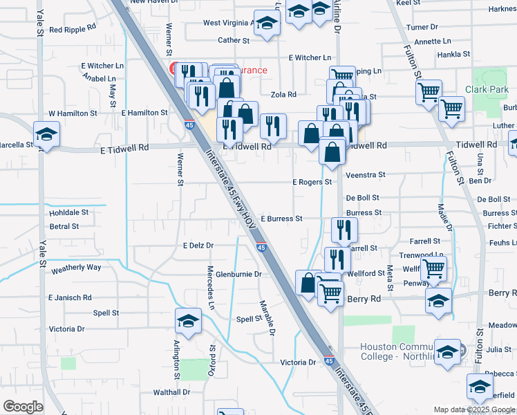map of restaurants, bars, coffee shops, grocery stores, and more near 701 East Burress Street in Houston