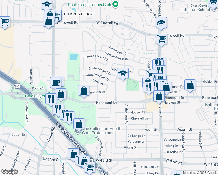 map of restaurants, bars, coffee shops, grocery stores, and more near 6106 Rena Street in Houston