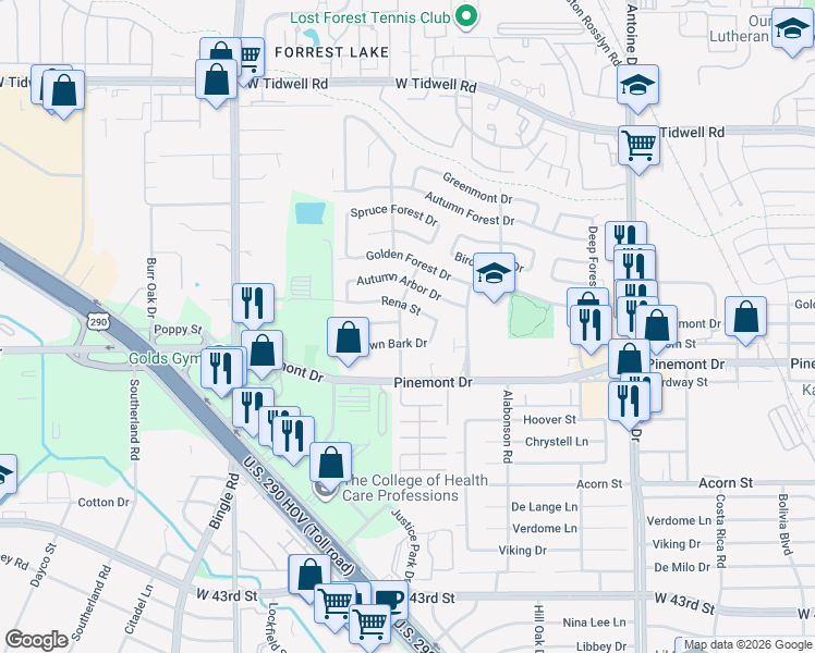 map of restaurants, bars, coffee shops, grocery stores, and more near 6202 Leaf Arbor Drive in Houston