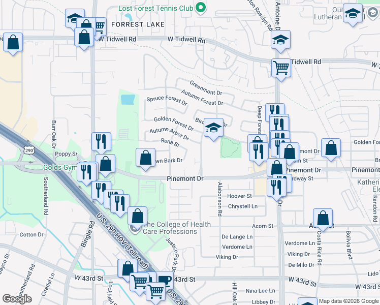 map of restaurants, bars, coffee shops, grocery stores, and more near 6106 Rena Street in Houston