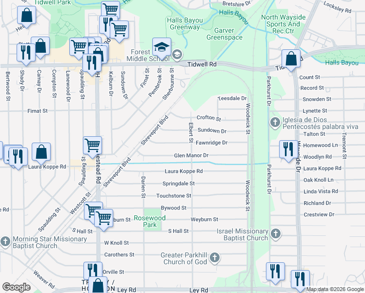 map of restaurants, bars, coffee shops, grocery stores, and more near 7422 Fawnridge Drive in Houston