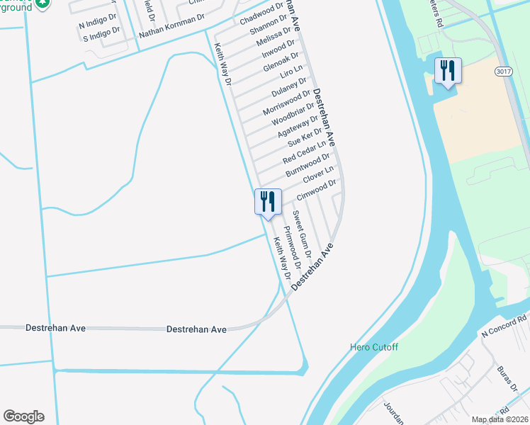 map of restaurants, bars, coffee shops, grocery stores, and more near 3056 Keith Way Drive in Harvey