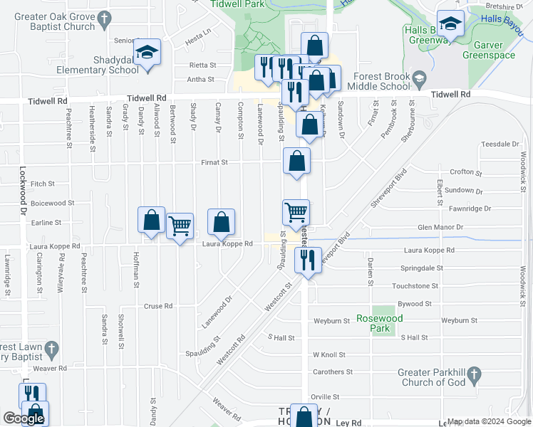 map of restaurants, bars, coffee shops, grocery stores, and more near 8902 Lanewood Drive in Houston