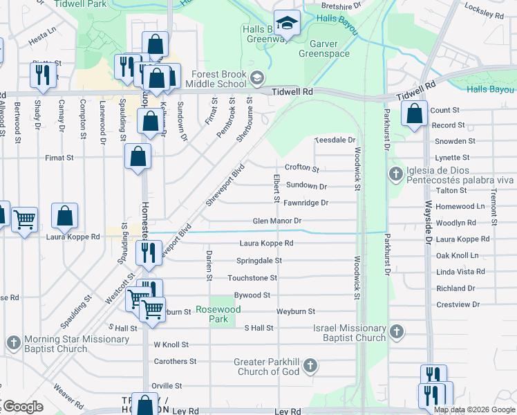 map of restaurants, bars, coffee shops, grocery stores, and more near 7422 Fawnridge Drive in Houston