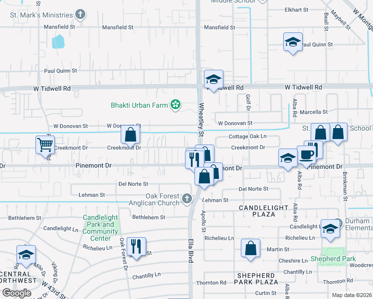 map of restaurants, bars, coffee shops, grocery stores, and more near 3331 Home Point Drive in Houston