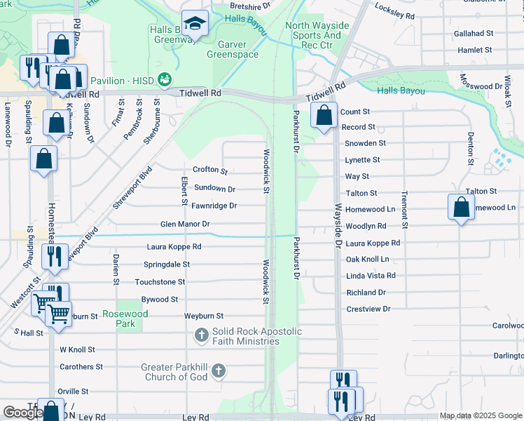 map of restaurants, bars, coffee shops, grocery stores, and more near 7650 Fawnridge Drive in Houston