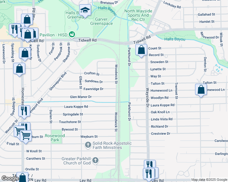 map of restaurants, bars, coffee shops, grocery stores, and more near 7650 Fawnridge Drive in Houston