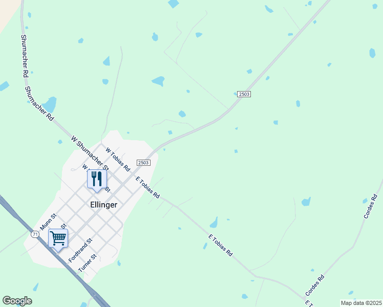 map of restaurants, bars, coffee shops, grocery stores, and more near 1110 Farm to Market Road 2503 in Ellinger