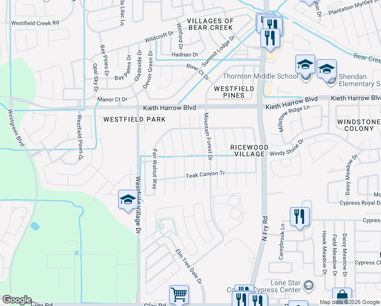 map of restaurants, bars, coffee shops, grocery stores, and more near 5010 Ivy Fair Way in Katy