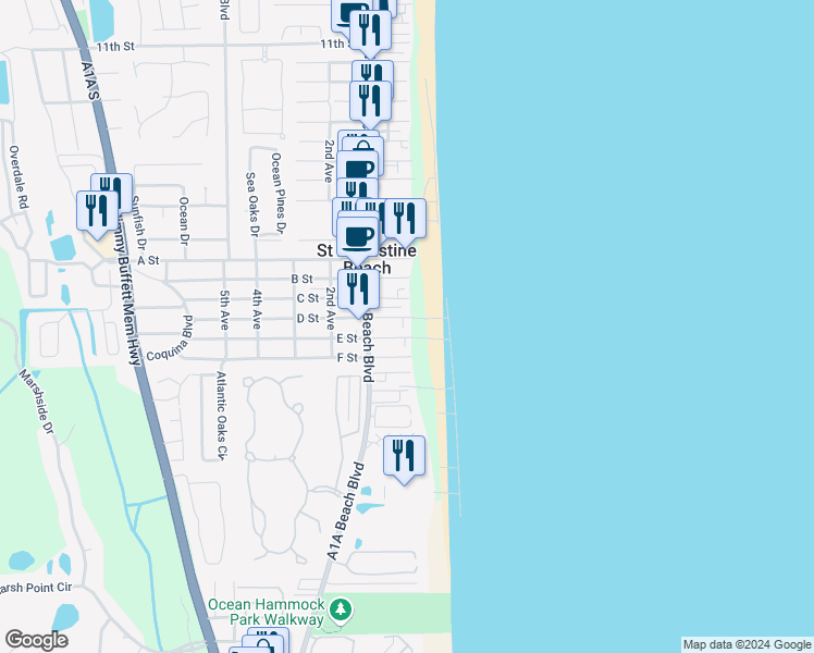 map of restaurants, bars, coffee shops, grocery stores, and more near 1A D Street in St. Augustine
