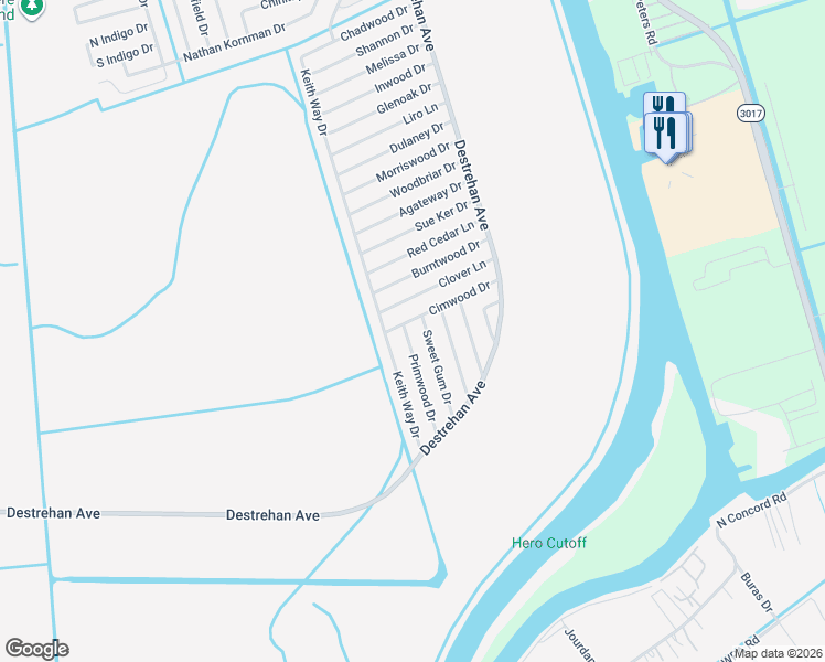 map of restaurants, bars, coffee shops, grocery stores, and more near 3101 Primwood Drive in Harvey