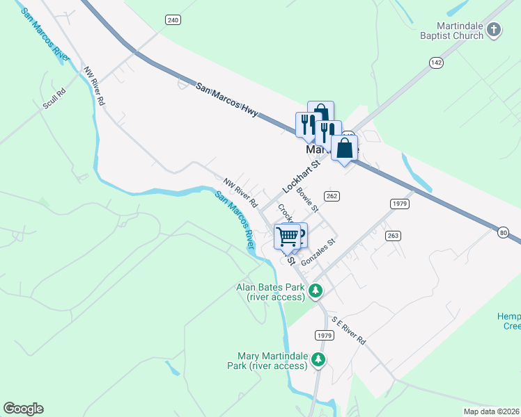 map of restaurants, bars, coffee shops, grocery stores, and more near 104 Lockhart Street in Martindale