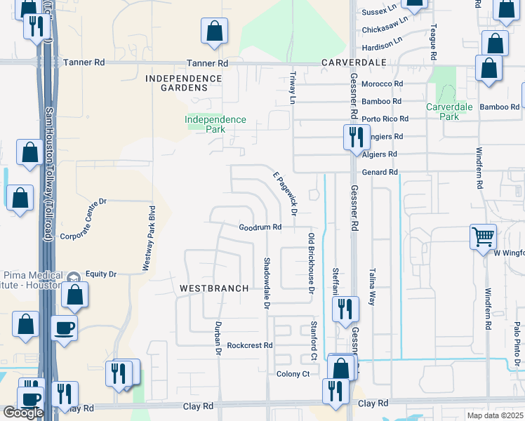 map of restaurants, bars, coffee shops, grocery stores, and more near 5026 Shadowdale Drive in Houston