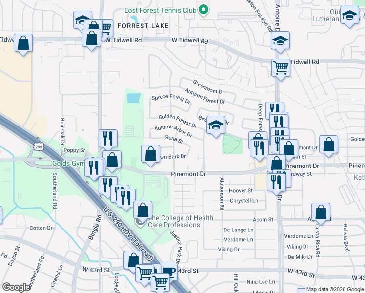 map of restaurants, bars, coffee shops, grocery stores, and more near 6106 Rena Street in Houston