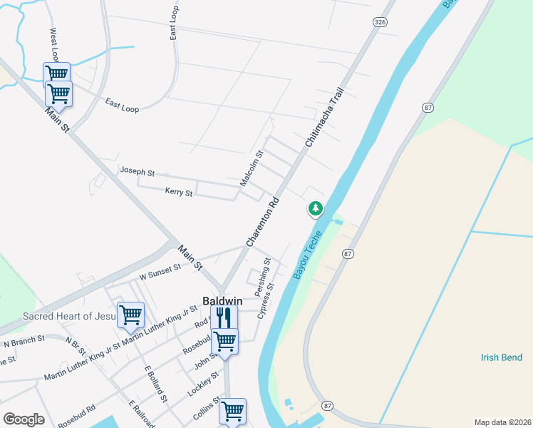 map of restaurants, bars, coffee shops, grocery stores, and more near Charenton Road in Baldwin