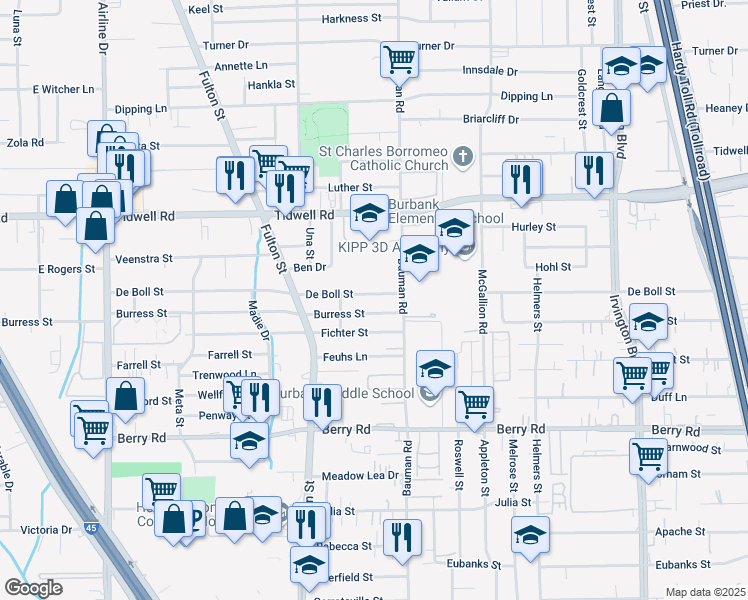 map of restaurants, bars, coffee shops, grocery stores, and more near 234 De Boll Street in Houston