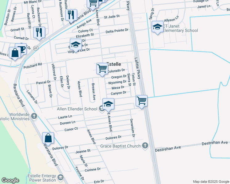 map of restaurants, bars, coffee shops, grocery stores, and more near 2632 Canyon Drive in Marrero