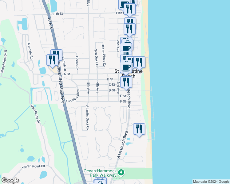 map of restaurants, bars, coffee shops, grocery stores, and more near 212 D Street in St. Augustine