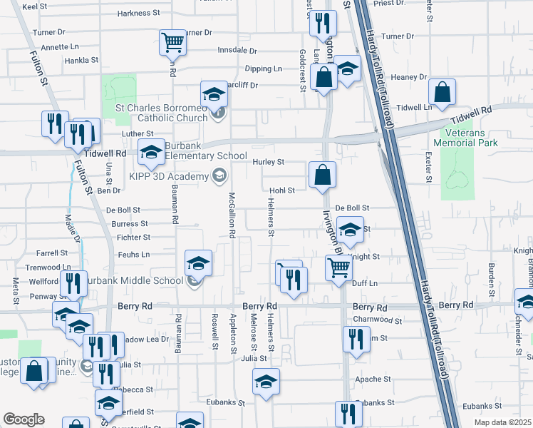 map of restaurants, bars, coffee shops, grocery stores, and more near 712 De Boll Street in Houston
