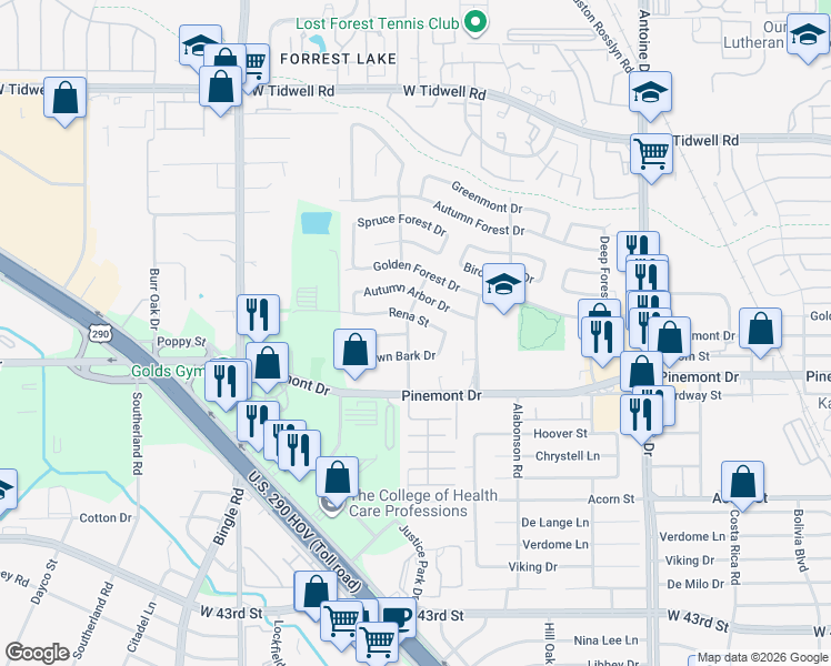 map of restaurants, bars, coffee shops, grocery stores, and more near 6202 Leaf Arbor Drive in Houston