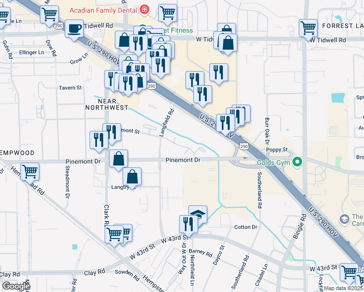 map of restaurants, bars, coffee shops, grocery stores, and more near 7200 Pinemont Drive in Houston