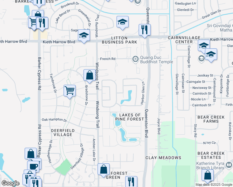 map of restaurants, bars, coffee shops, grocery stores, and more near 4931 Ivory Meadows Lane in Houston