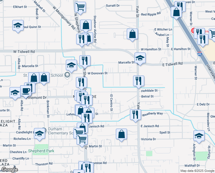 map of restaurants, bars, coffee shops, grocery stores, and more near 543 West Donovan Street in Houston