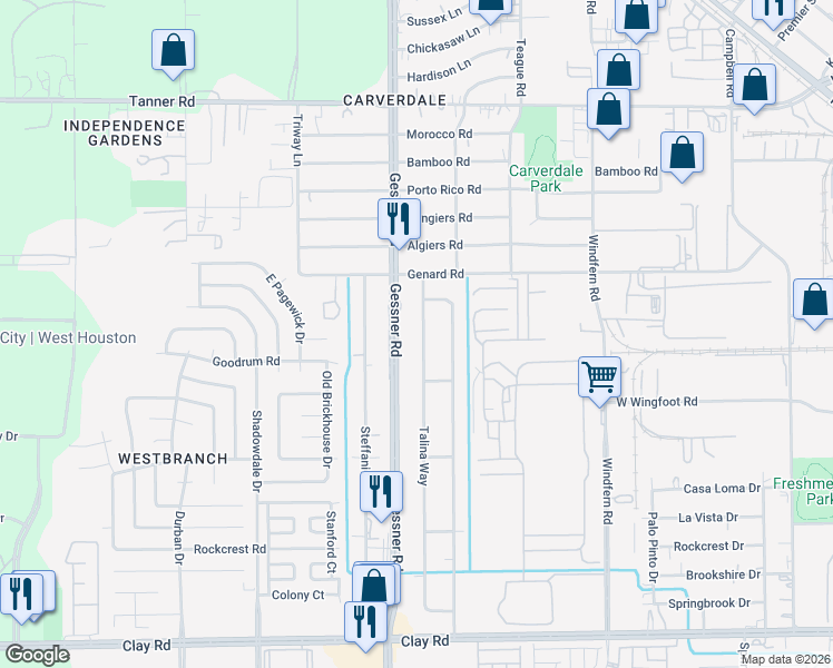 map of restaurants, bars, coffee shops, grocery stores, and more near 4921 Talina Way in Houston