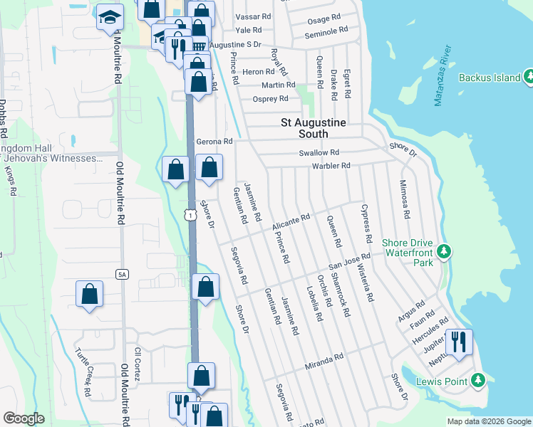 map of restaurants, bars, coffee shops, grocery stores, and more near 1038 Prince Road in St. Augustine