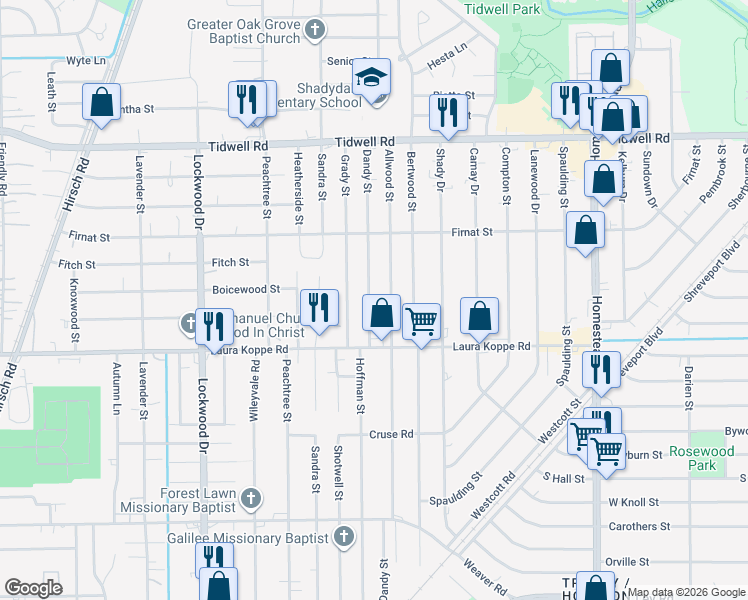 map of restaurants, bars, coffee shops, grocery stores, and more near 8914 Dandy Street in Houston