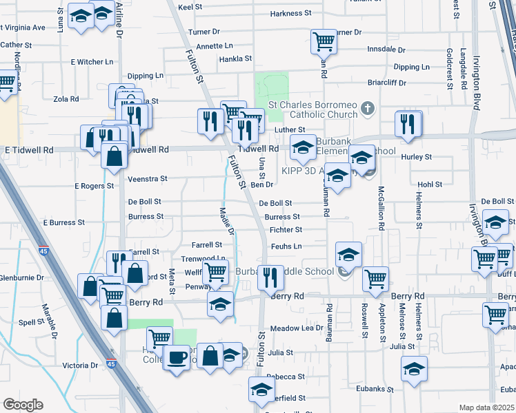 map of restaurants, bars, coffee shops, grocery stores, and more near 9024 Fulton Street in Houston