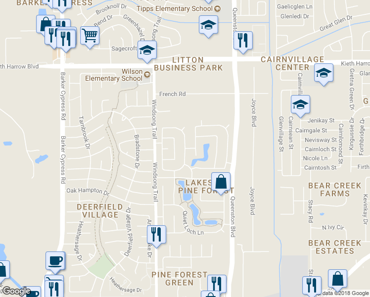 map of restaurants, bars, coffee shops, grocery stores, and more near Ivory Meadows Lane in Houston