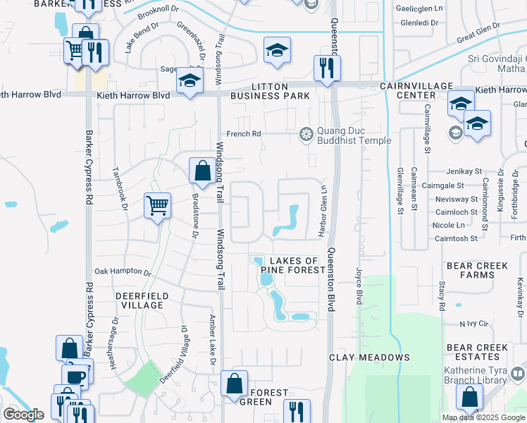 map of restaurants, bars, coffee shops, grocery stores, and more near Ivory Meadows Lane in Houston