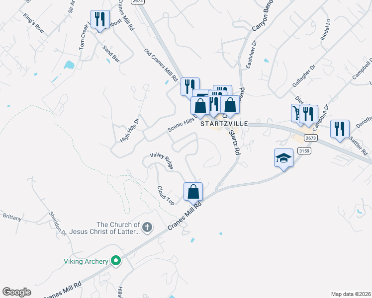 map of restaurants, bars, coffee shops, grocery stores, and more near 340 Lexington Pass in Canyon Lake
