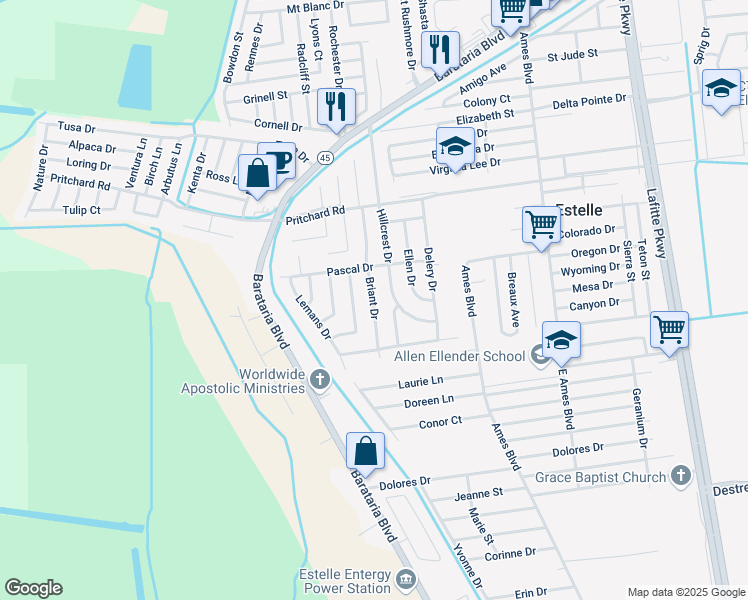 map of restaurants, bars, coffee shops, grocery stores, and more near 4021 Briant Drive in Marrero