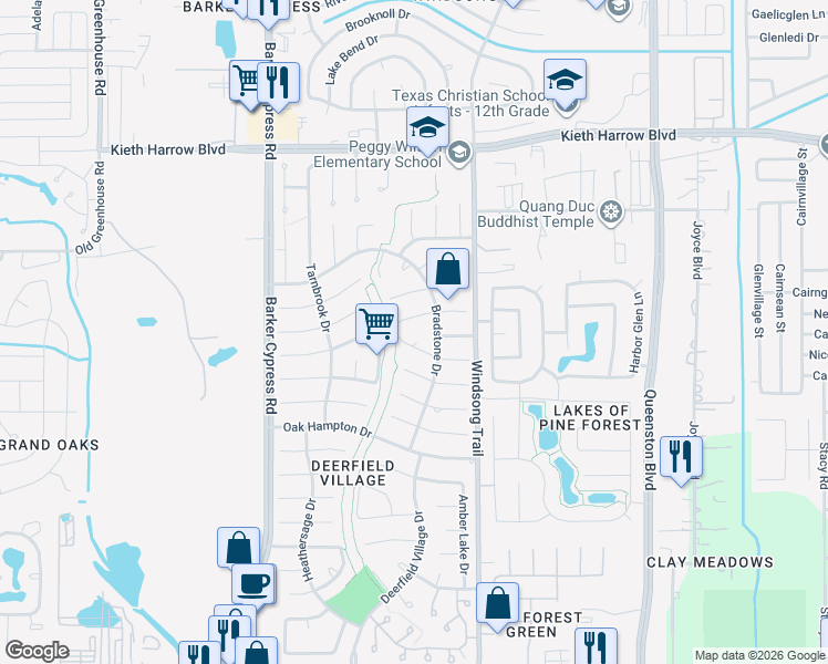 map of restaurants, bars, coffee shops, grocery stores, and more near 18118 Ravenfield Court in Houston