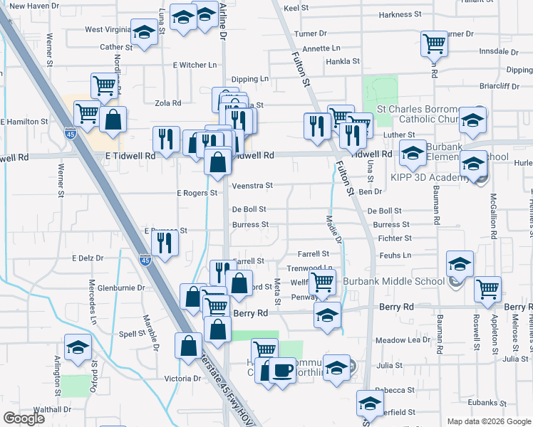 map of restaurants, bars, coffee shops, grocery stores, and more near 24 De Boll Street in Houston