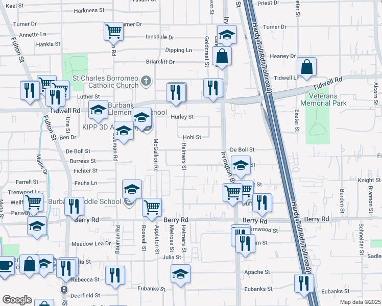 map of restaurants, bars, coffee shops, grocery stores, and more near 712 De Boll Street in Houston
