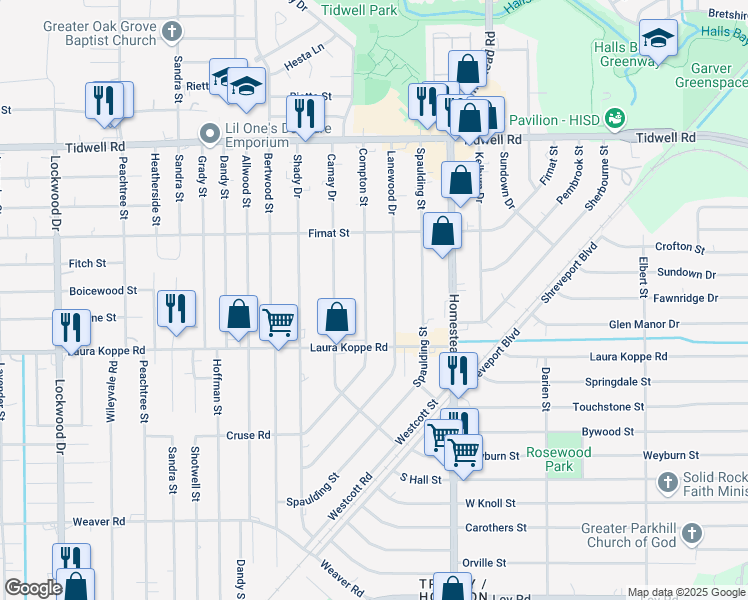 map of restaurants, bars, coffee shops, grocery stores, and more near 8920 Compton Street in Houston