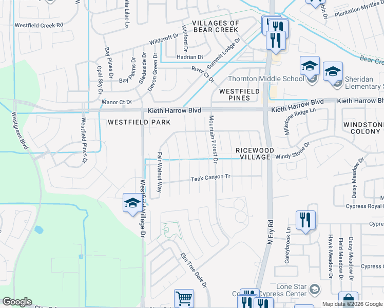 map of restaurants, bars, coffee shops, grocery stores, and more near 5010 Ivy Fair Way in Katy
