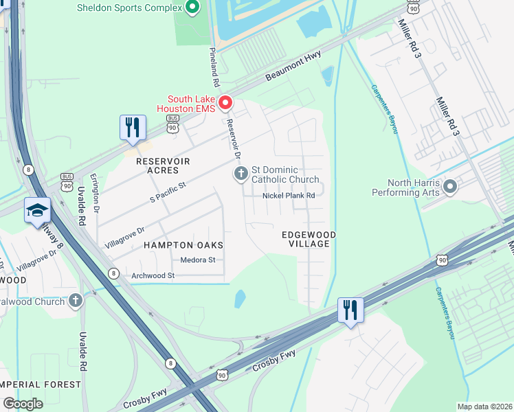 map of restaurants, bars, coffee shops, grocery stores, and more near 8122 Redbud Point Lane in Houston