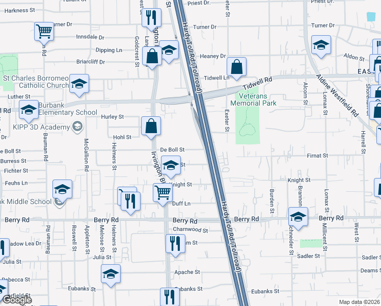map of restaurants, bars, coffee shops, grocery stores, and more near 1326 De Boll Street in Houston