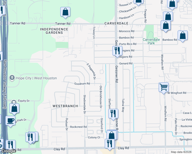 map of restaurants, bars, coffee shops, grocery stores, and more near 10326 Brickyard Court in Houston