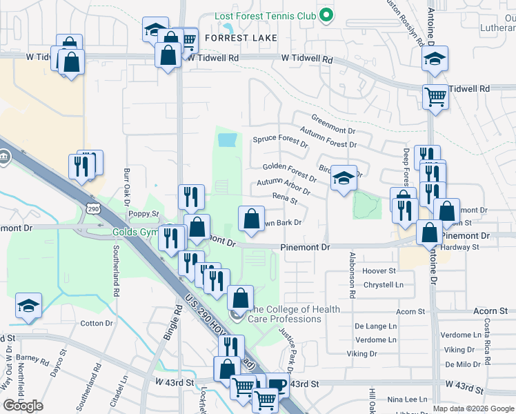 map of restaurants, bars, coffee shops, grocery stores, and more near 6234 Leaf Arbor Drive in Houston