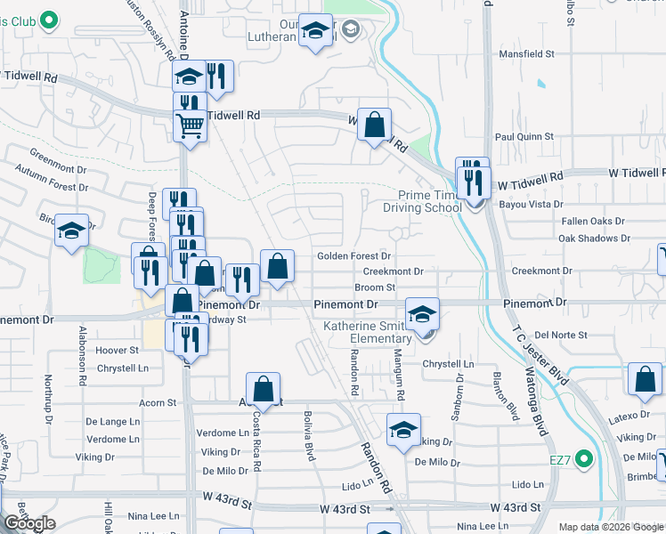 map of restaurants, bars, coffee shops, grocery stores, and more near 5020 Creekmont Drive in Houston